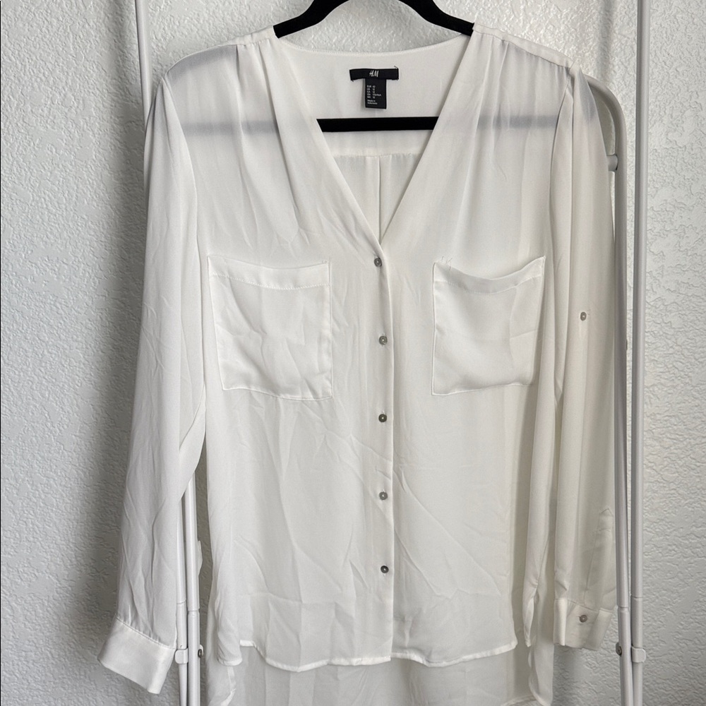 H&M Women's Classic White V-neck Button-Down Shirt - Size 12